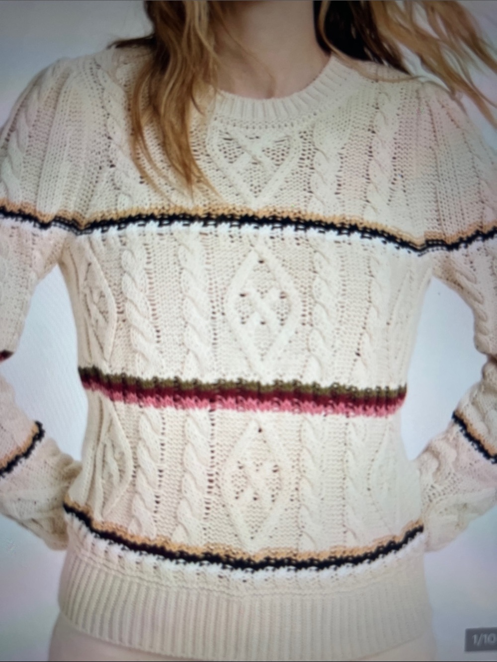 Veronica Beard Cream Cable-Knit Sweater with Black, Gold, Green & Pink Stripes